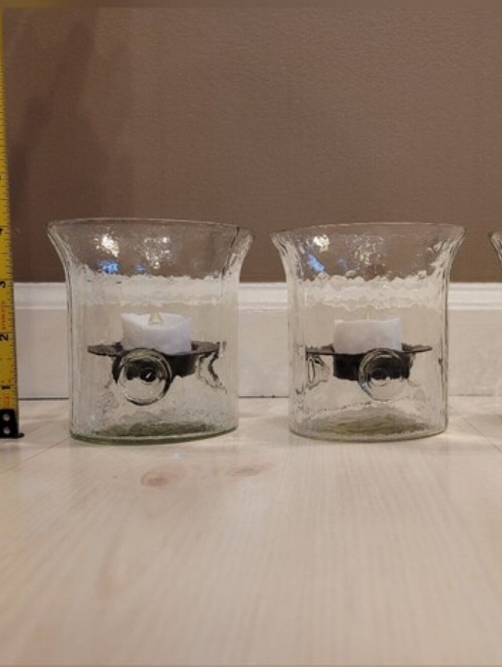 Set Of 2 Pottery Barn Handmade Mini Glass Hurricane Candle Holder W/ Rustic Tray